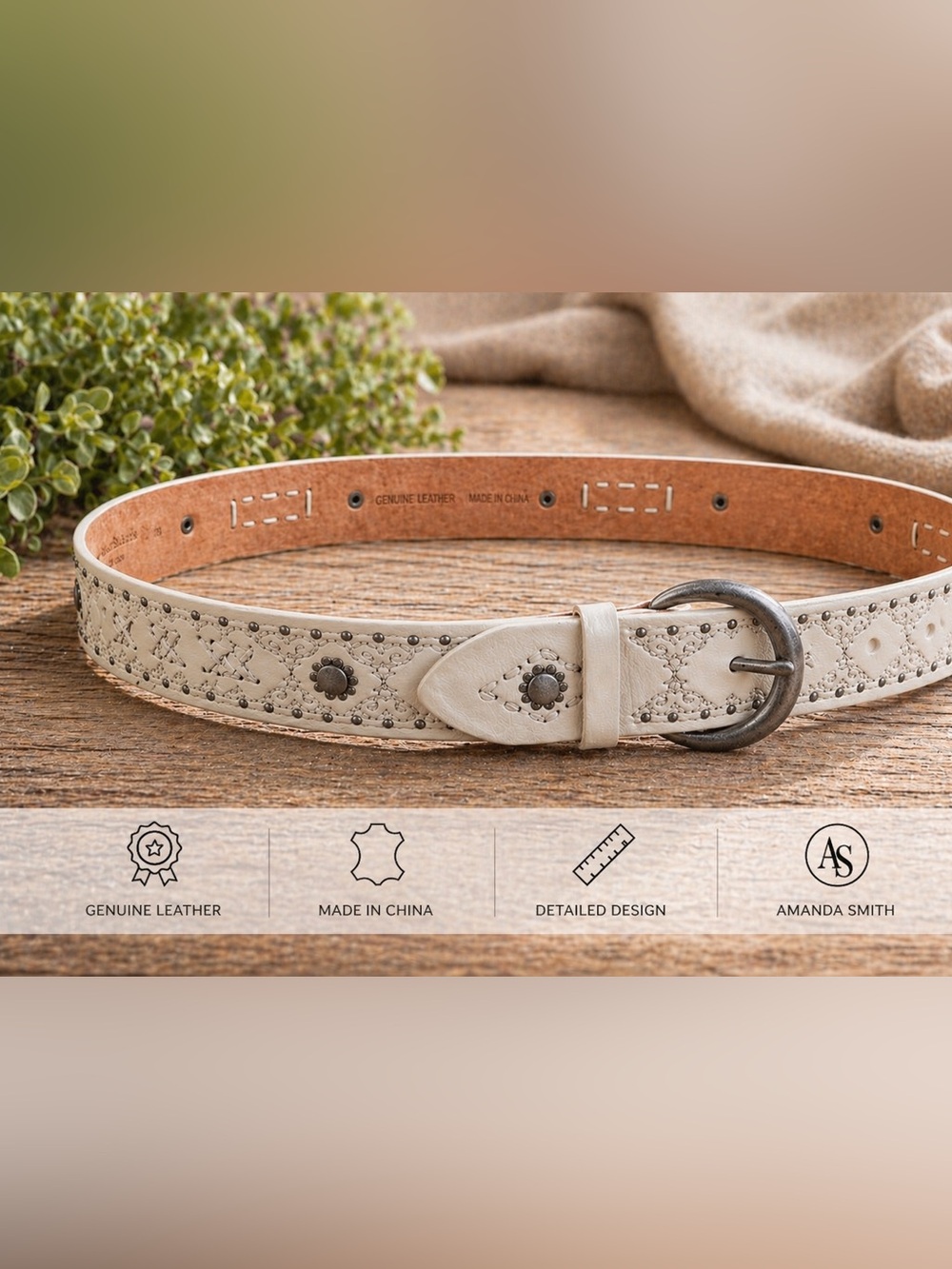 Amanda Smith Genuine Leather Decorative Studded Women's Belt Cream Rodeo Medium